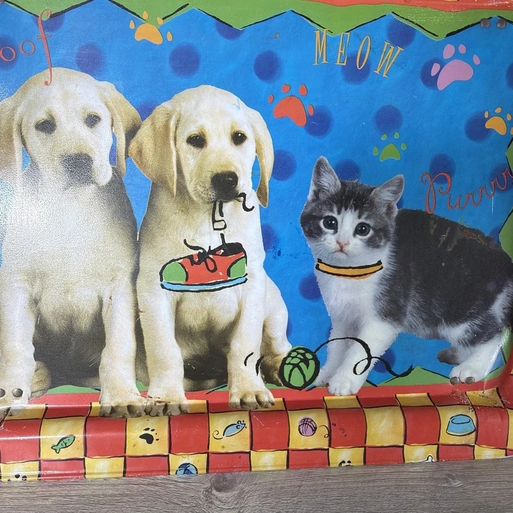 Vtg 90s Fold Up Metal Floor Lap TV Food Bed Tray Puppies Kittens Labradors Retro
